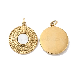 Ion Plating(IP) 304 Stainless Steel Pendants, with White Shell and Jump Ring, Flat Round Charm, Real 14K Gold Plated, 17.5x15x2.5mm, Hole: 3mm(STAS-Q215-40G)