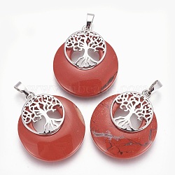 Natural Red Jasper Pendants, with Platinum Tone Brass Findings, Flat Round with Tree of Life, 32.5~33x27.5~28x5~6mm, Hole: 5x7mm(G-F573-C16)
