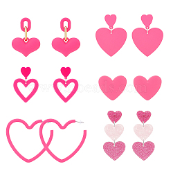 ANATTASOUL 6 Pairs 6 Style Plastic & Acrylic Heart Dangle Stud Earrings, 304 Stainless Steel Jewelry for Women, Pink, 33.5~64mm, Pin: 0.6~0.8mm, 1 Pair/style(EJEW-AN0003-58)