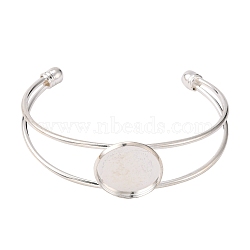 Nickel Free Brass Cuff Bangle Making, Blank Bangle Base, with Flat Round Tray, Silver Color Plated, 63mm, Tray: 20mm(KK-J184-57S-NF)