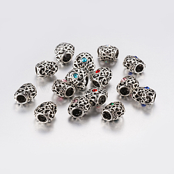 Tibetan Style Alloy Rhinestone European Beads, Large Hole Beads, Heart, Antique Silver, Mixed Color, 12x12.5x10mm, Hole: 5mm(PALLOY-F200-06)