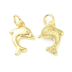 Rack Plating Brass Charms, Long-Lasting Plated, with Jump Ring, Cadmium Free & Lead Free, Dolphin Charm, Real 18K Gold Plated, 12x9x2mm, Hole: 3mm(KK-F852-03G)