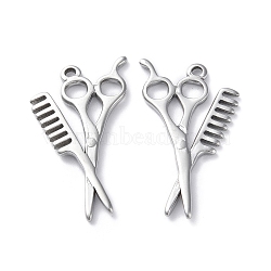 Non-Tarnish 304 Stainless Steel Pendants, Scissors with Comb Charm, Stainless Steel Color, 33.5x19x2mm, Hole: 1.6mm(STAS-P324-24P)