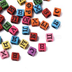 Opaque Acrylic Beads, Cube with Black Letter, Mixed Color, 6.5x6x6mm, Hole: 3.5mm, about 2800pcs/500g(MACR-N012-18)