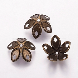 Iron Bead Caps, Nickel Free, 5-Petal, Antique Bronze, about 18mm in diameter, 8mm high, hole: 2mm, about 20pcs/10g(X-E054Y-NFAB)