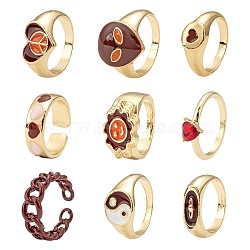 9Pcs 9 Style Heart & Curb Chain & Oval Rings, Alloy Enamel & Rhinestones Finger Rings & Cuff Ring, Golden, Mixed Color, Inner Diameter: 17~18.1mm, 1pc/style(RJEW-LS0001-57)