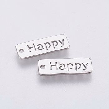 304 Stainless Steel Pendants,  Rectangle with Word Happy, Stainless Steel Color, 17x6x1mm, Hole: 1.4mm
