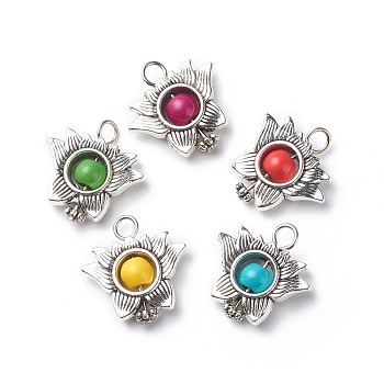 Antique Silver Plated Alloy Synthetic Turquoise Pendants, Dyed, Flower Pattern, 20x20x6mm, Hole: 3.2mm