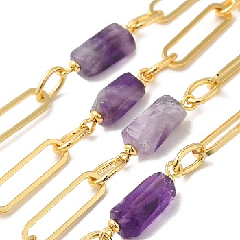 Natural Amethyst Faceted Irregular Column Beaded Chains, with Rack Plating Real 18K Gold Plated Brass Oval Link Chains, Unwelded, Long-Lasting Plated, Lead Free & Cadmium Free, 20~22x6.5~8.5x6.5~8mm, 22x6x1mm, 9x6.35x1mm