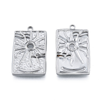 304 Stainless Steel Pendants, Rectangle with Sun, Stainless Steel Color, 30x18.5x3mm, Hole: 2mm