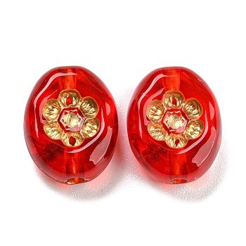 Plating Transparent Acrylic Beads, Golden Metal Enlaced, Oval with Flower, Red, 13.5x11x5.5mm, Hole: 1.8mm, about 909pcs/500g