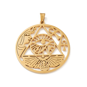 304 Stainless Steel Hollow Pendants, Flat Round with Eye of Horus & Ankh Cross & Wing Charm, Golden, 34x32x1.5mm, Hole: 4.5x3mm