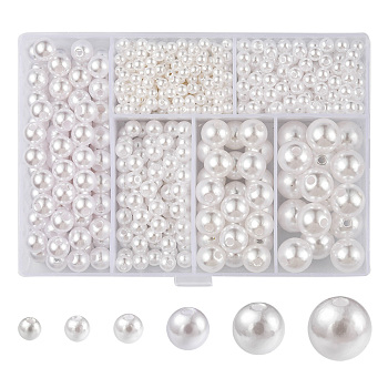 Imitation Pearl Acrylic Beads, Dyed, Round, White, 4~12x3.5~11.5mm, Hole: 1~2.7mm, 761pcs/box