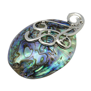 Paua Shell Big Pendants, with Brass Pendant Setting, Nickel Metal Color, Colorful, 59~75x34~40x12mm, Hole: 4.5mm