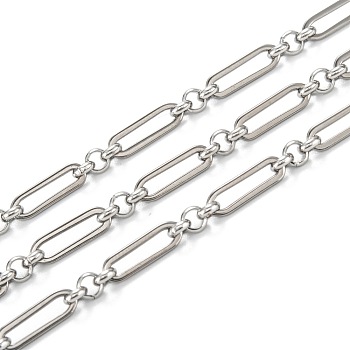 Tarnish Resistant Handmade 304 Stainless Steel Link Chains, with Paperclip Chains, Unwelded, with Spool, Stainless Steel Color, link: 13.5x4x1mm, ring: 4x1.5mm, 32.8 Feet(10m)/roll