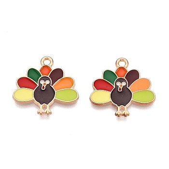 Thanksgiving Day Theme Alloy Enamel Pendants, Light Gold, Lead Free & Cadmium Free, Turkey, 20x20x1.5mm, Hole: 1.6mm