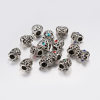 Tibetan Style Alloy Rhinestone European Beads, Large Hole Beads, Heart, Antique Silver, Mixed Color, 12x12.5x10mm, Hole: 5mm