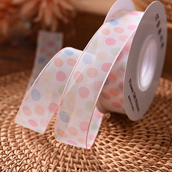 9M Polka Dot Print Polyester Organza Ribbons, Garment Accessories, Gift Packaging, Pink, 1 inch(25mm), about 9.84 Yards(9m)/Roll