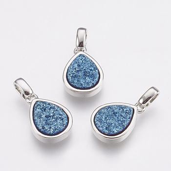 Natural Druzy Agate Pendants, with Brass Finding, teardrop, Platinum, Royal Blue, 14.5x10x3~4mm, Hole: 2x2.5mm