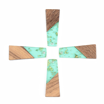 Transparent Resin & Walnut Wood Pendants, with Gold Foil, Trapezoid, Pale Turquoise, 30x12x3mm, Hole: 2mm