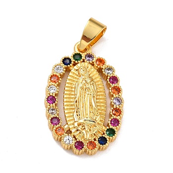 Brass Micro Pave Colorful Cubic Zirconia Pendants, Lady of Guadalupe Charms, Oval with Virgin Mary, Real 18K Gold Plated, 26x16.5x3mm, Hole: 6.5x4mm