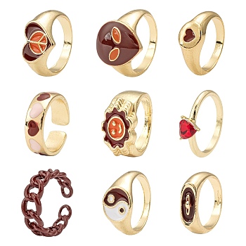 9Pcs 9 Style Heart & Curb Chain & Oval Rings, Alloy Enamel & Rhinestones Finger Rings & Cuff Ring, Golden, Mixed Color, Inner Diameter: 17~18.1mm, 1pc/style