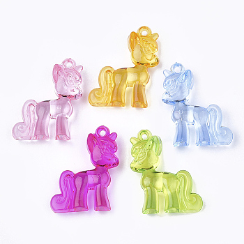 Transparent Acrylic Pendants, Unicorn, Mixed Color, 42.5x33x10mm, Hole: 3mm