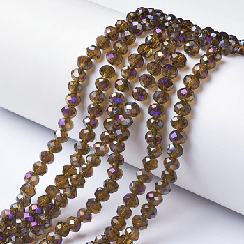 Electroplate Transparent Glass Beads Strands, Half Rainbow Plated, Faceted, Rondelle, Camel, 4x3mm, Hole: 0.4mm, about 113~115pcs/strand, 41~42cm