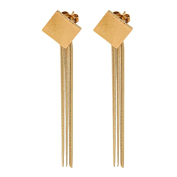 Vacuum Plating Golden 304 Stainless Steel Dangle Stud Earrings, Chains Tassel Earrings, Square, 62x14.5mm