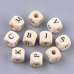 Natural Wooden European Beads, Horizontal Hole, Large Hole Beads, Undyed, Cube with Letter, Antique White, 12x11.5x11.5mm, Hole: 4.5mm, about 588pcs/500g(WOOD-S055-01B)