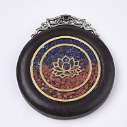 Handmade Indonesia Pendants, with Alloy Findings, Sandalwood and Resin, Antique Golden with Antique Silver, Flat Round with Lotus, FireBrick, 45~46x39~40x8mm, Hole: 1.6mm(IPDL-N002-39)