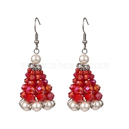 Glass with Shell Pearl Dangle Earrings for Women, Christmas Hat, Stainless Steel Color, 45x20mm(EJEW-TA00576)