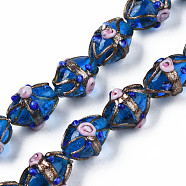 Handmade Gold Sand Lampwork Beads Strands, Ovald with Flower, Cornflower Blue, 16~17x13~15x12~13mm, Hole: 1.4~1.8mm, about 30pcs/strand, 19.69 inch(50cm)(LAMP-N021-40D)
