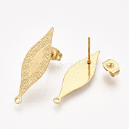 304 Stainless Steel Stud Earring Findings, with Loop and Ear Nuts/Earring Backs, Leaf, Golden, 27.5x8.5mm, Hole: 1mm, Pin: 0.7mm(STAS-S079-61)