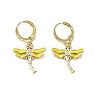 Dragonfly Real 18K Gold Plated Brass Dangle Leverback Earrings, with Enamel and Cubic Zirconia, Yellow, 30x17.5mm(EJEW-L268-011G-04)