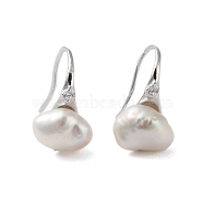 925 Sterling Silver Hoop Earring, with Cubic Zirconia and Natural Pearl, Platinum, 14x8.5mm(EJEW-H002-07P)