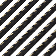 Polyester Ribbons, Single Edge with Stripe, for Costume Accessories, Flat, Black, Gold, 3/8 inch(11mm), about 16.40 Yards(15m)/Card(OCOR-WH0060-72B)