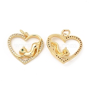 Brass Micro Pave Cubic Zirconia Pendants, with Jump Ring, Heart with Cat Charm, Golden, Clear, 17.5x18.5x3.5mm, Hole: 3mm(KK-H441-39G)