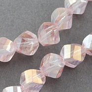 Electroplate Glass Beads Strands, AB Color Plated, Faceted, Twist, Pearl Pink, 4x4x4mm, Hole: 1mm, about 100pcs/strand, 14 inch(X-EGLA-R031-4mm-01)