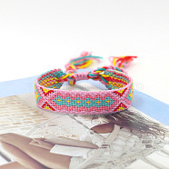 Polyester Braided Rhombus Pattern Cord Bracelet, Ethnic Tribal Adjustable Brazilian Bracelet for Women, Pearl Pink, 5-7/8 inch(15cm)(FIND-PW0013-004A-24)