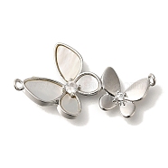 Brass Micro Pave Cubic Zirconia Pendants, with Shell, Butterfly Charms, Platinum, 28x16x3mm, Hole: 2mm(KK-K389-034P)