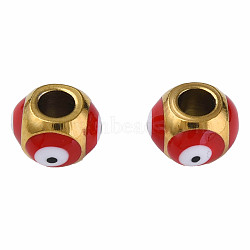 201 Stainless Steel Enamel Beads, Round with Evil Eye, Golden, Dark Red, 8.5x8.5x6mm, Hole: 3mm(STAS-N087-59-01G)