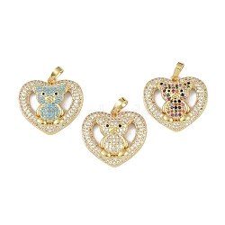 Brass Micro Pave Cubic Zirconia Pendants, Real 18K Gold Plated, Heart with Bear Charms, Mixed Color, 21x22.5x4mm, Hole: 6x3mm(KK-P266-14G)