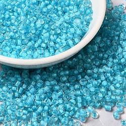 12/0 Transparent Glass Seed Beads, Inside Colours, Round Hole, Round, Cyan, 1.5~2mm, Hole: 1mm, about 450g/bag(SEED-F003-03C-10)