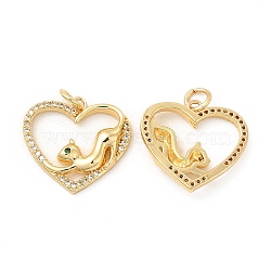 Brass Micro Pave Cubic Zirconia Pendants, with Jump Ring, Heart with Cat Charm, Golden, Clear, 17.5x18.5x3.5mm, Hole: 3mm(KK-H441-39G)