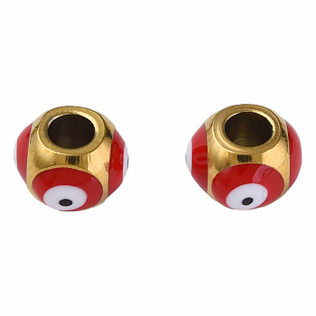 201 Stainless Steel Enamel Beads, Round with Evil Eye, Golden, Dark Red, 8.5x8.5x6mm, Hole: 3mm