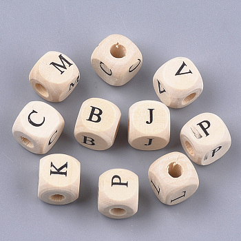 Natural Wooden European Beads, Horizontal Hole, Large Hole Beads, Undyed, Cube with Letter, Antique White, 12x11.5x11.5mm, Hole: 4.5mm, about 588pcs/500g