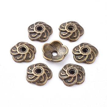 Alloy Bead Caps, Lead Free and Cadmium Free, Flower, Antique Bronze Color, about 9mm long, 9mm wide, 2.5mm thick, hole: 2mm