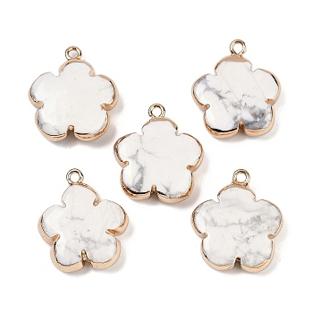 Natural Howlite Pendants, Flower Charms with Brass Findings, Golden, 23~24x21x6mm, Hole: 1.8mm