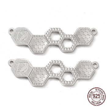 Rhodium Plated 925 Sterling Silver Connector Charms, Hexagon Links, Real Platinum Plated, 9x29x1.2mm, Hole: 1mm